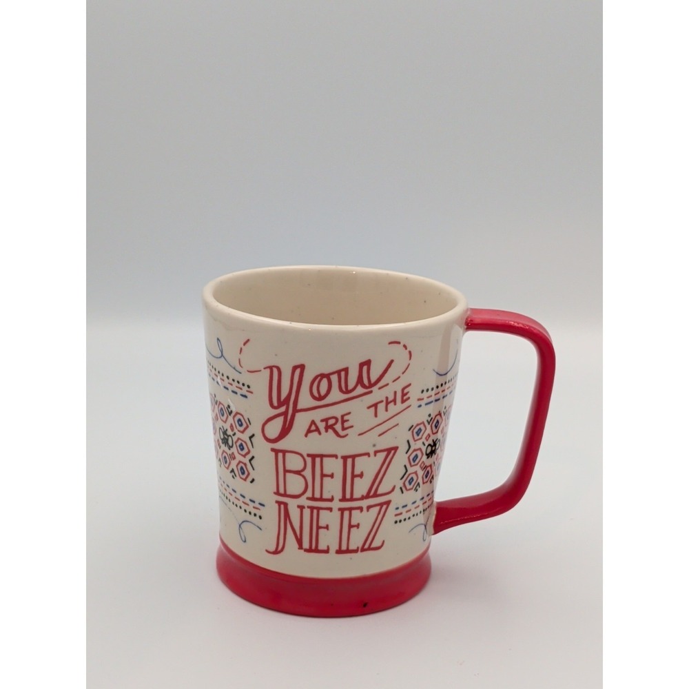 Anthropologie Laura Schwamman Beez Kneez Mug Red Cream Speckled Bee Coffee Cup